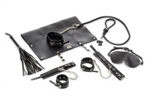 9-piece Real Leather Bondage Set - Black