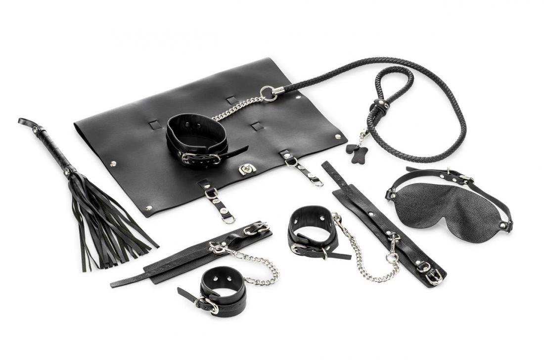 9-piece Real Leather Bondage Set - Black