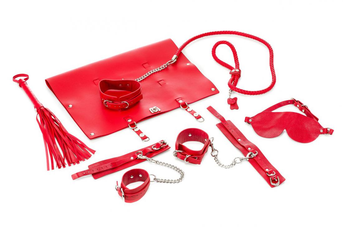 9-piece Real Leather Bondage Set - Red
