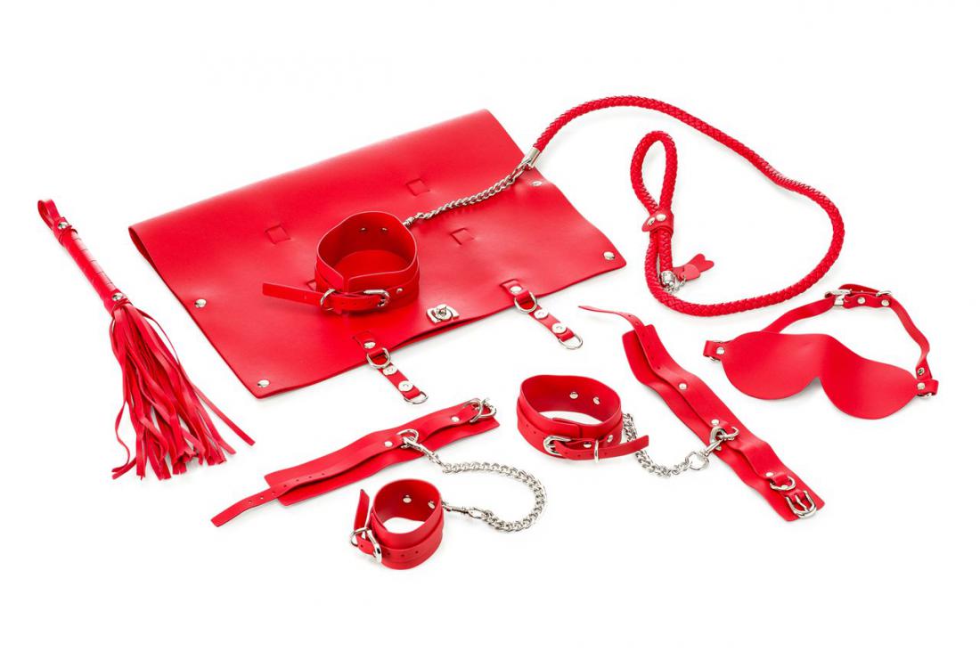 9-piece PU Leather Bondage Set - Red